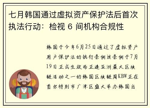 七月韩国通过虚拟资产保护法后首次执法行动：检视 6 间机构合规性