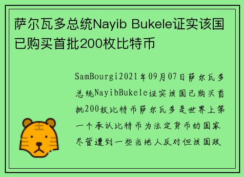 萨尔瓦多总统Nayib Bukele证实该国已购买首批200枚比特币 